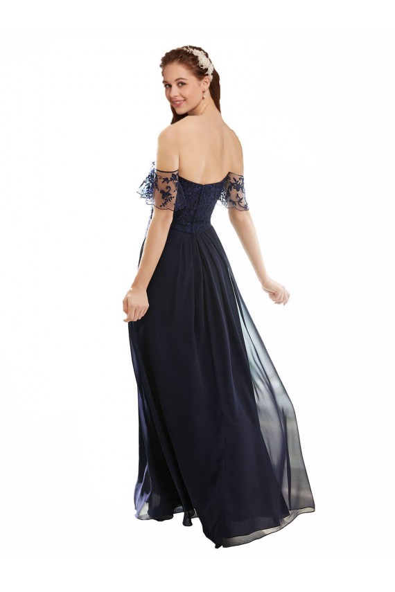 Dunkelmarine A-Linien Off-Schulter V-Ausschnitt Chiffon Spitze Lange Brautjungfernkleider Online