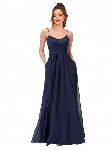 Dunkelmarine A-Linien Scoop Chiffon Spitze Lange Brautjungfernkleider Online