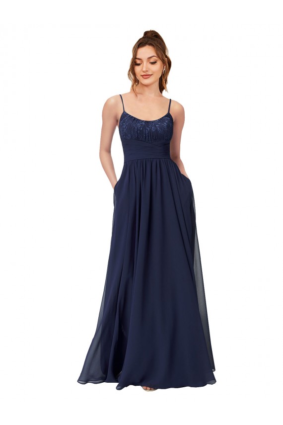 Dunkelmarine A-Linien Scoop Chiffon Spitze Lange Brautjungfernkleider Online