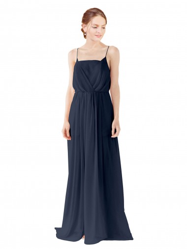 Dunkelmarine A-Linien Spaghetti-Träger Chiffon Lange Brautjungfernkleider Online