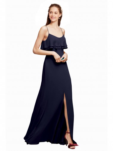 Dunkelmarine A-Linien Spaghetti-Träger Scoop Chiffon Lange Brautjungfernkleider Online