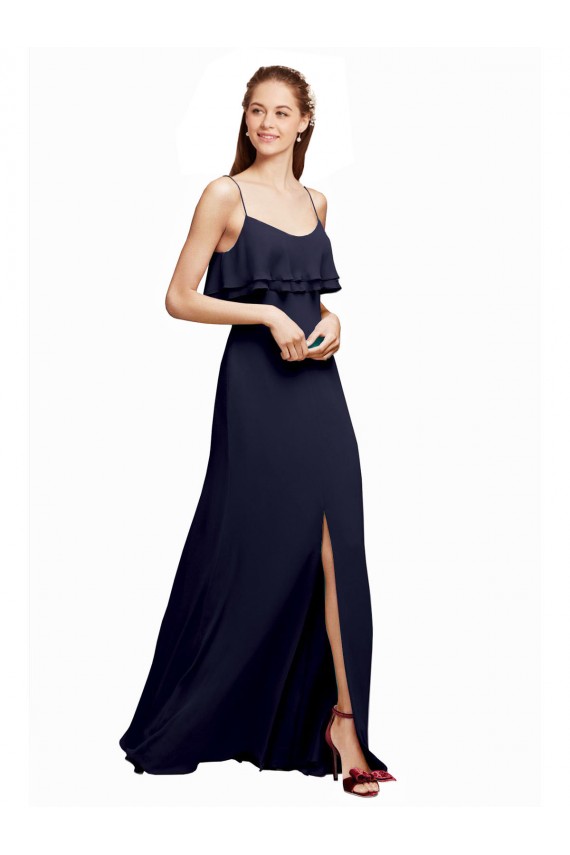 Dunkelmarine A-Linien Spaghetti-Träger Scoop Chiffon Lange Brautjungfernkleider Online