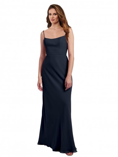 Dunkelmarine A-Linien Spaghetti-Träger Scoop Chiffon Lange Brautjungfernkleider Online