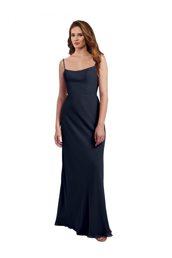 Dunkelmarine A-Linien Spaghetti-Träger Scoop Chiffon Lange Brautjungfernkleider Online