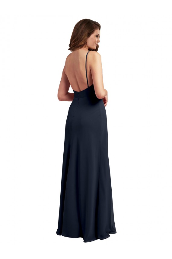 Dunkelmarine A-Linien Spaghetti-Träger Scoop Chiffon Lange Brautjungfernkleider Online