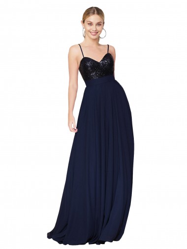 Dunkelmarine A-Linien Spaghetti-Träger Stehkragen Ausschnitt Chiffon Paillette Lange Brautjungfernkleider / Abiballkleider Online