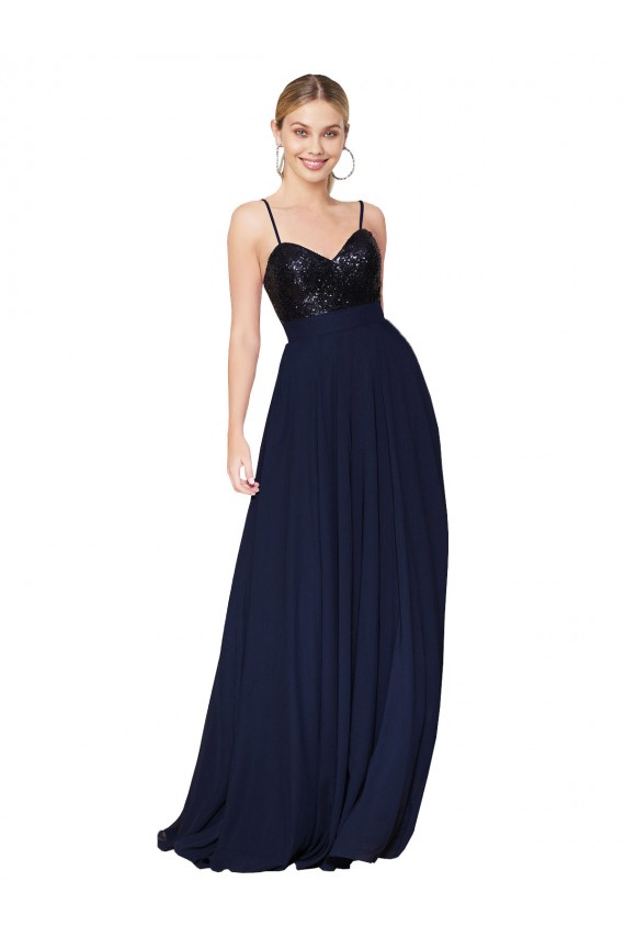 Dunkelmarine A-Linien Spaghetti-Träger Stehkragen Ausschnitt Chiffon Paillette Lange Brautjungfernkleider / Abiballkleider Online