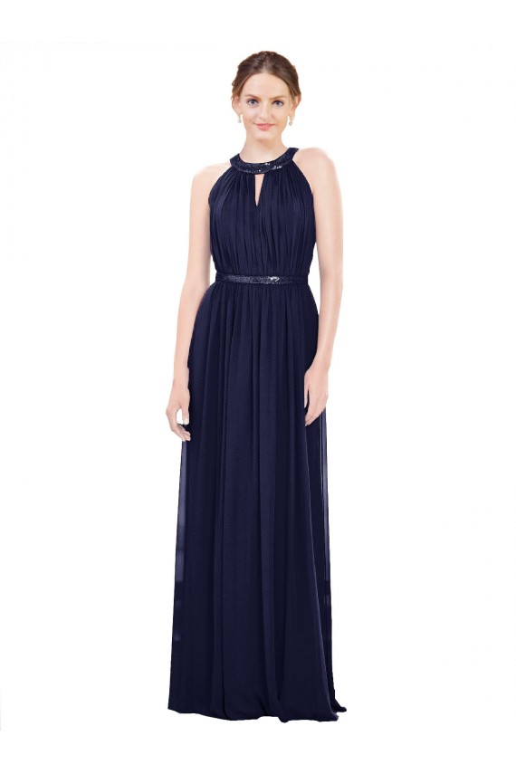 Dunkelmarine A-Linien Stehkragen Ausschnitt Chiffon Lange Brautjungfernkleider Online