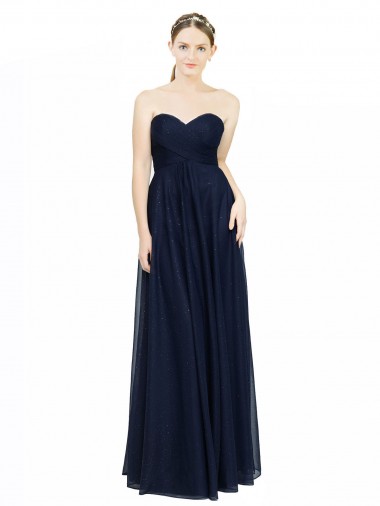 Dunkelmarine A-Linien Trägerlos Chiffon Lange Brautjungfernkleider Online