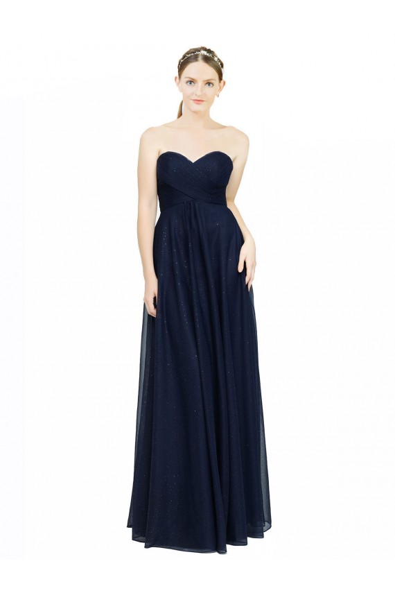 Dunkelmarine A-Linien Trägerlos Chiffon Lange Brautjungfernkleider Online