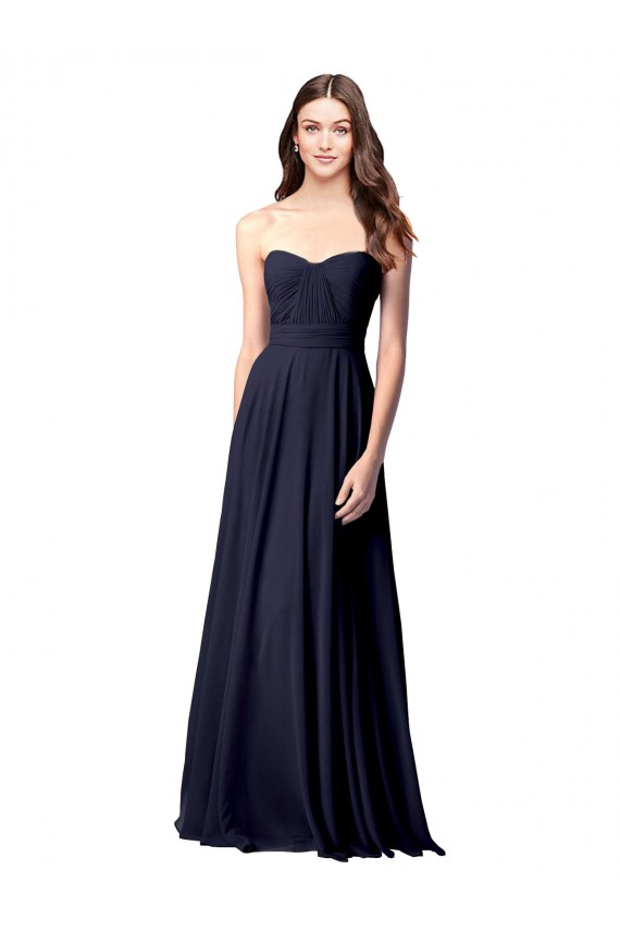 Dunkelmarine A-Linien Trägerlos Chiffon Lange Brautjungfernkleider Online