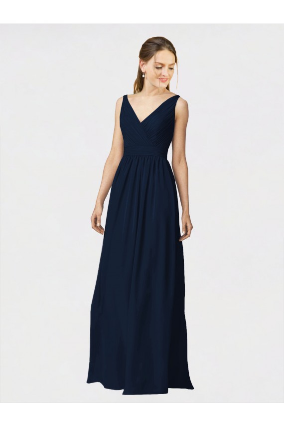 Dunkelmarine A-Linien V-Ausschnitt Chiffon Lange Brautjungfernkleider Online