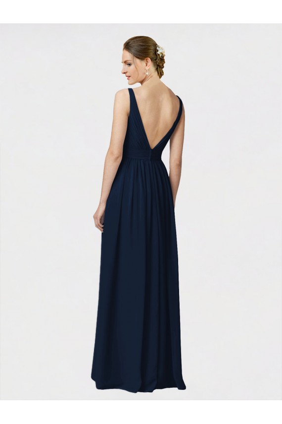 Dunkelmarine A-Linien V-Ausschnitt Chiffon Lange Brautjungfernkleider Online