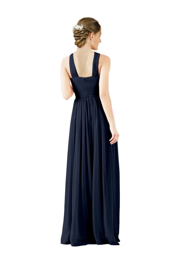 Dunkelmarine A-Linien V-Ausschnitt Chiffon Lange Brautjungfernkleider Online