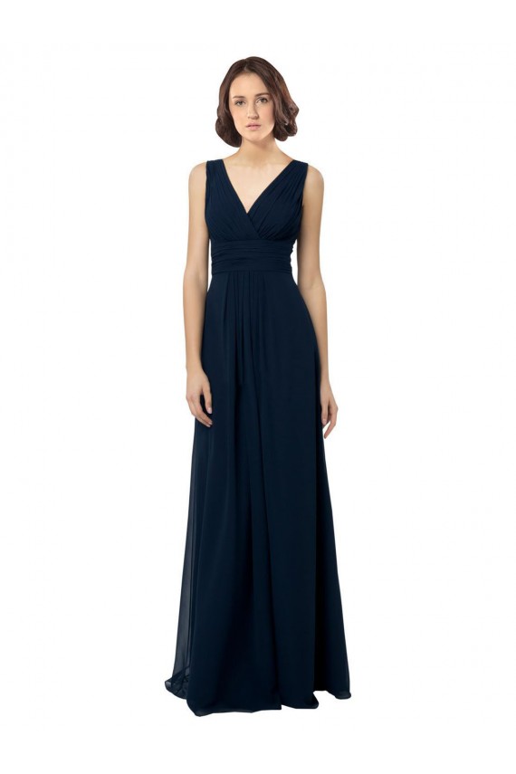 Dunkelmarine A-Linien V-Ausschnitt Chiffon Lange Brautjungfernkleider Online