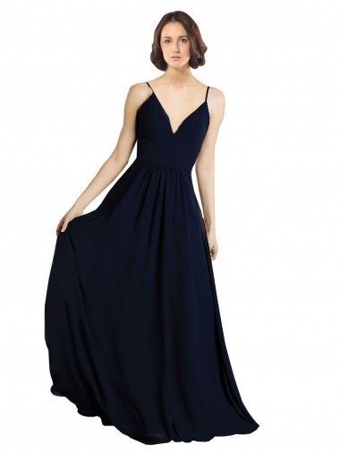 Dunkelmarine A-Linien V-Ausschnitt Chiffon Lange Brautjungfernkleider Online