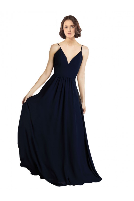 Dunkelmarine A-Linien V-Ausschnitt Chiffon Lange Brautjungfernkleider Online