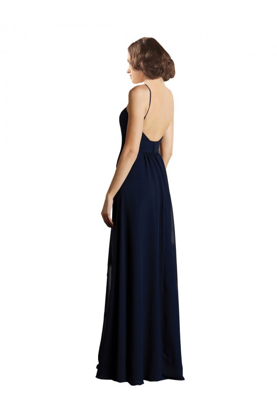 Dunkelmarine A-Linien V-Ausschnitt Chiffon Lange Brautjungfernkleider Online