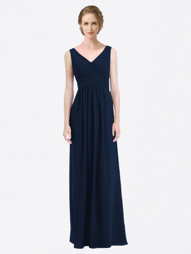 Dunkelmarine A-Linien V-Ausschnitt Chiffon Lange Brautjungfernkleider Online