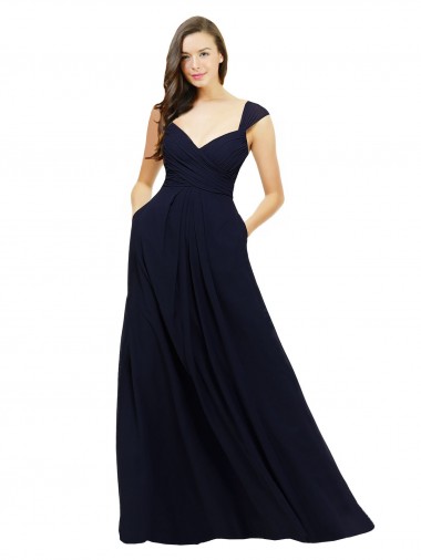 Dunkelmarine A-Linien V-Ausschnitt Chiffon Lange Brautjungfernkleider Online