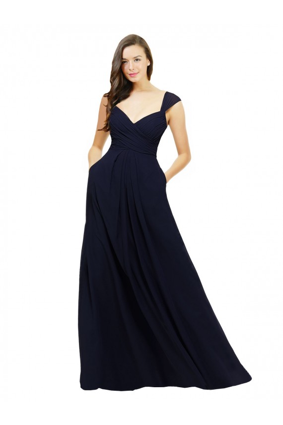 Dunkelmarine A-Linien V-Ausschnitt Chiffon Lange Brautjungfernkleider Online
