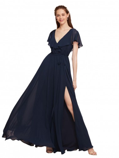 Dunkelmarine A-Linien V-Ausschnitt Chiffon Lange Brautjungfernkleider Online
