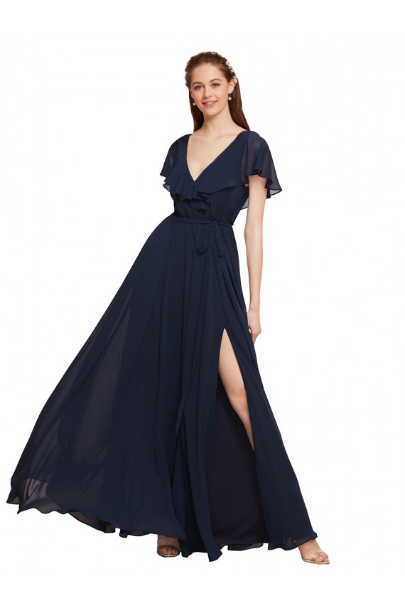 Dunkelmarine A-Linien V-Ausschnitt Chiffon Lange Brautjungfernkleider Online