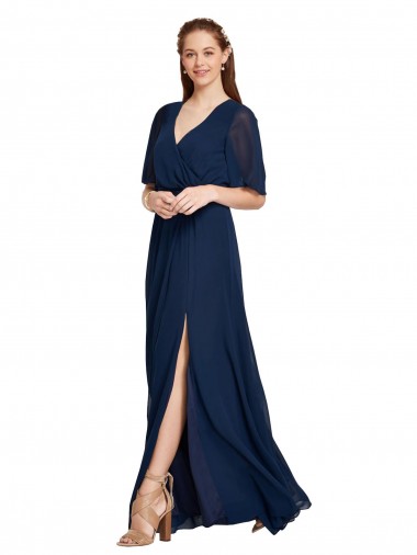 Dunkelmarine A-Linien V-Ausschnitt Chiffon Lange Brautjungfernkleider Online