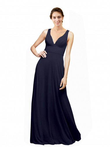 Dunkelmarine A-Linien V-Ausschnitt Chiffon Lange Brautjungfernkleider Online