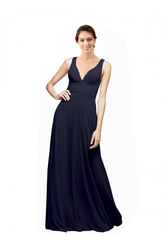 Dunkelmarine A-Linien V-Ausschnitt Chiffon Lange Brautjungfernkleider Online