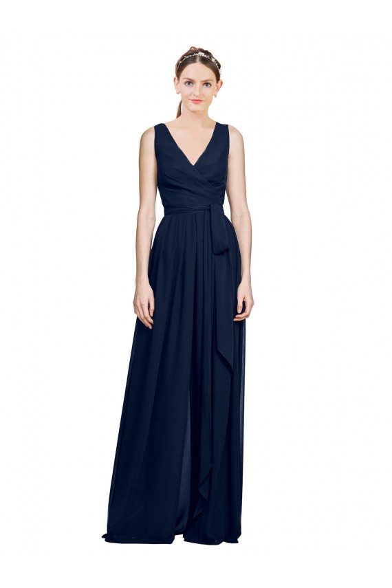 Dunkelmarine A-Linien V-Ausschnitt Chiffon Lange Brautjungfernkleider Online