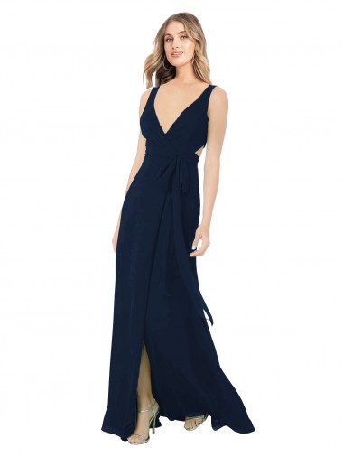 Dunkelmarine A-Linien V-Ausschnitt Chiffon Lange Brautjungfernkleider Online