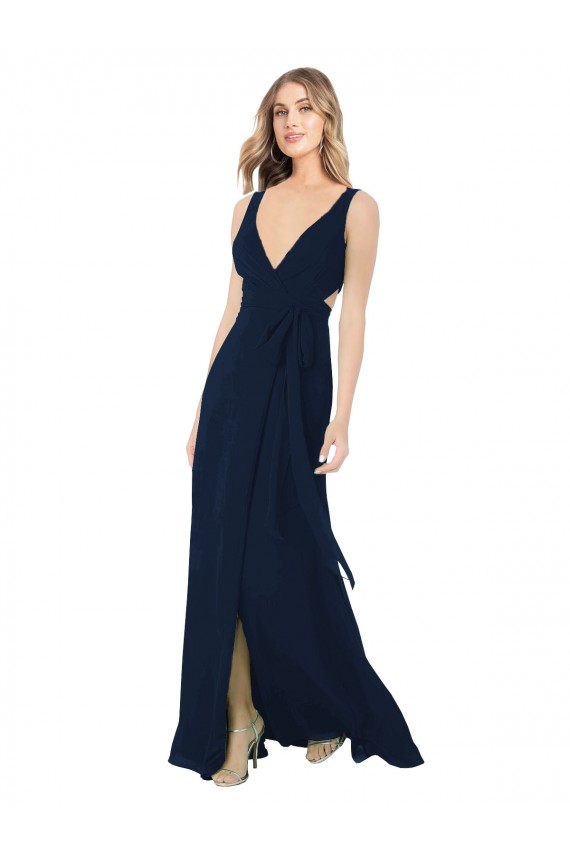 Dunkelmarine A-Linien V-Ausschnitt Chiffon Lange Brautjungfernkleider Online