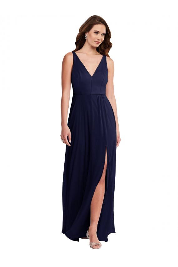Dunkelmarine A-Linien V-Ausschnitt Chiffon Lange Brautjungfernkleider Online