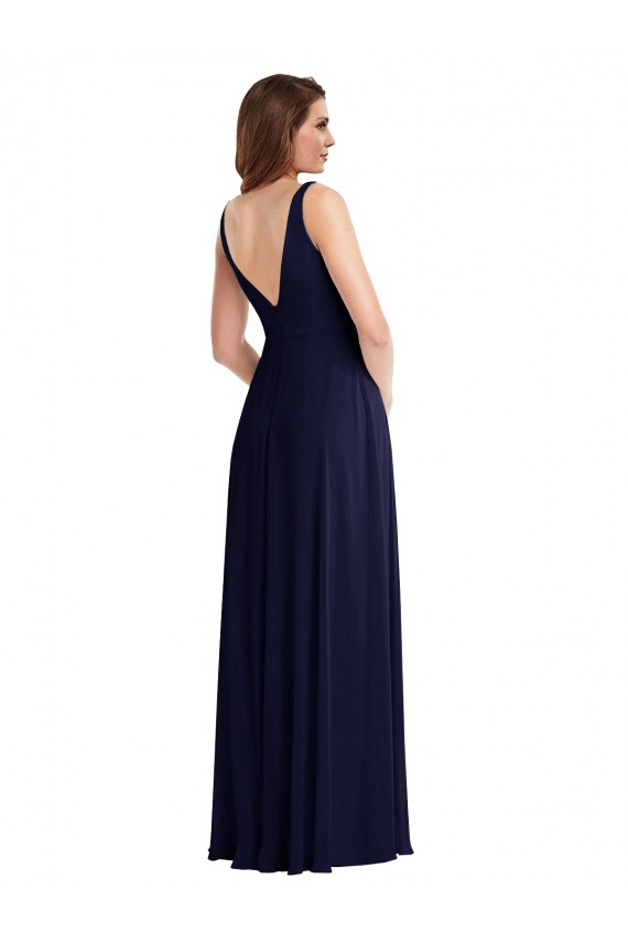Dunkelmarine A-Linien V-Ausschnitt Chiffon Lange Brautjungfernkleider Online