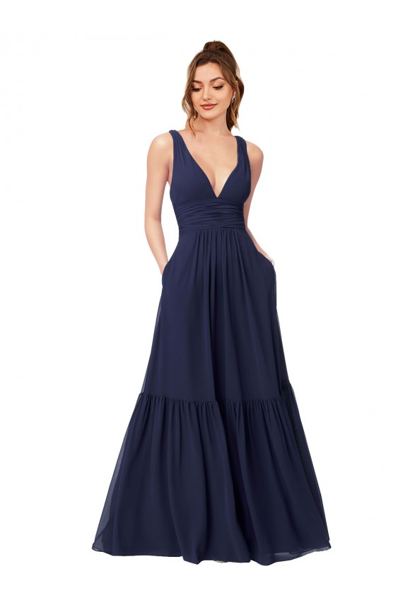 Dunkelmarine A-Linien V-Ausschnitt Chiffon Lange Brautjungfernkleider Online