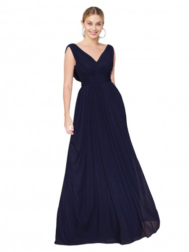 Dunkelmarine A-Linien V-Ausschnitt Chiffon Lange Formale Brautjungfernkleider / Abendkleider / Abiballkleider Online