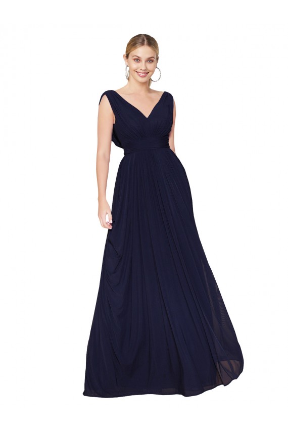 Dunkelmarine A-Linien V-Ausschnitt Chiffon Lange Formale Brautjungfernkleider / Abendkleider / Abiballkleider Online