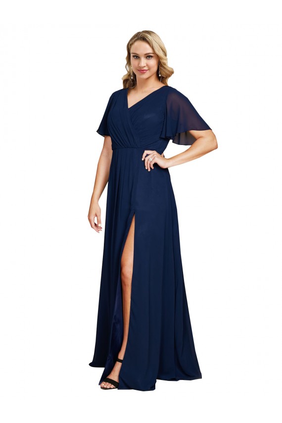 Dunkelmarine A-Linien V-Ausschnitt Chiffon Lange Formale Brautjungfernkleider / Abendkleider / Abiballkleider Online