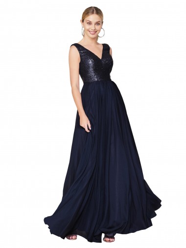 Dunkelmarine A-Linien V-Ausschnitt Chiffon Paillette Lange Brautjungfernkleider / Abiballkleider Online