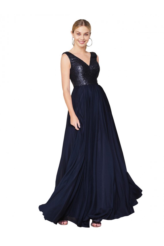 Dunkelmarine A-Linien V-Ausschnitt Chiffon Paillette Lange Brautjungfernkleider / Abiballkleider Online