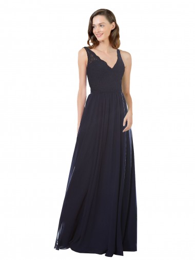 Dunkelmarine A-Linien V-Ausschnitt Chiffon Spitze Lange Brautjungfernkleider Online