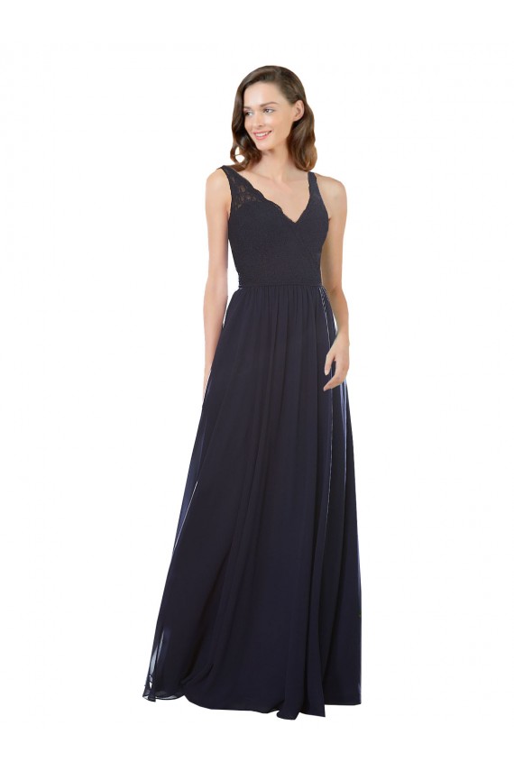 Dunkelmarine A-Linien V-Ausschnitt Chiffon Spitze Lange Brautjungfernkleider Online
