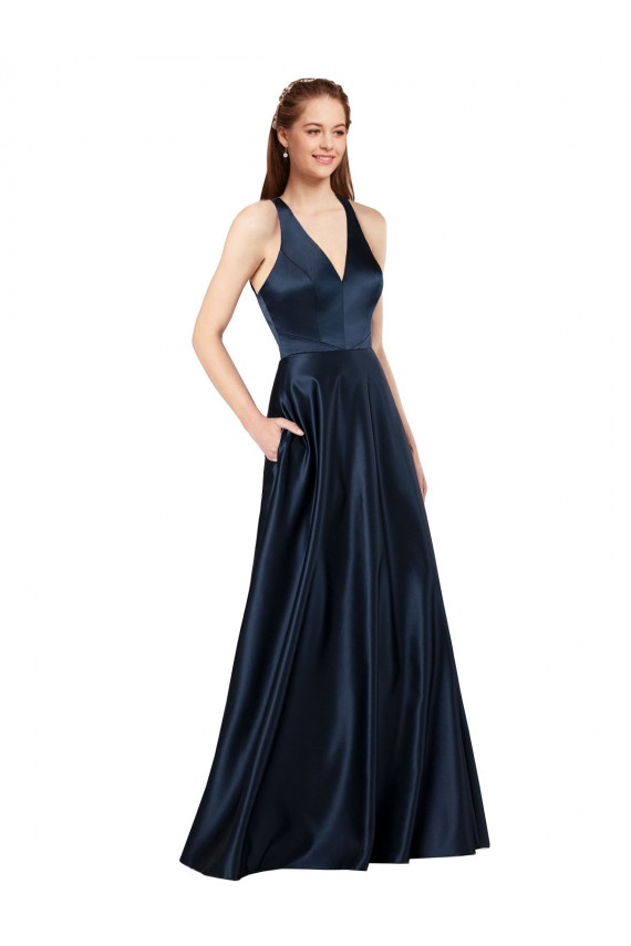 Dunkelmarine A-Linien V-Ausschnitt Satin Lange Formale Brautjungfernkleider / Abendkleider / Abiballkleider Online