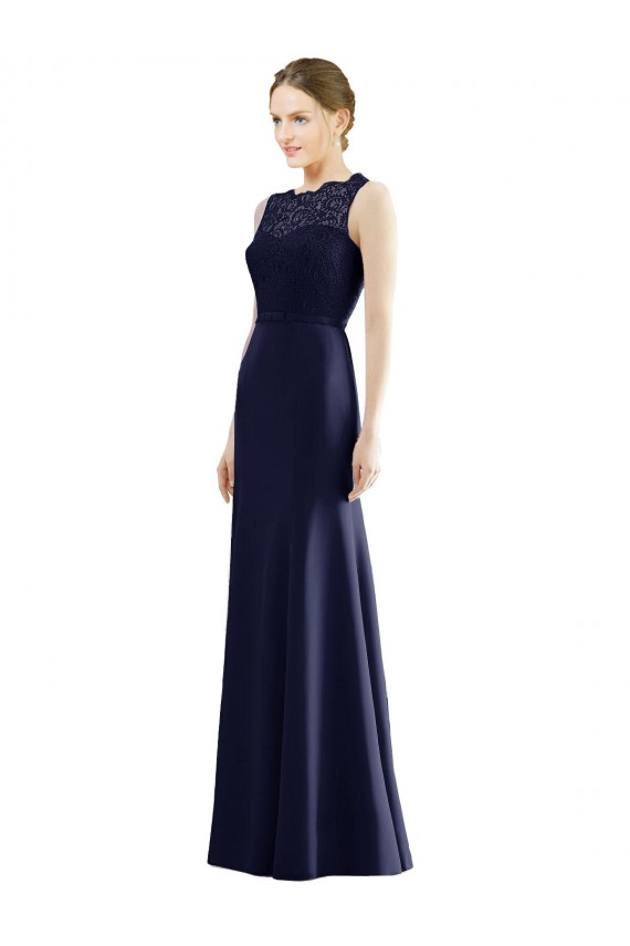 Dunkelmarine Meerjungfrau Illusion Ausschnitt Chiffon Spitze Lange Brautjungfernkleider Online