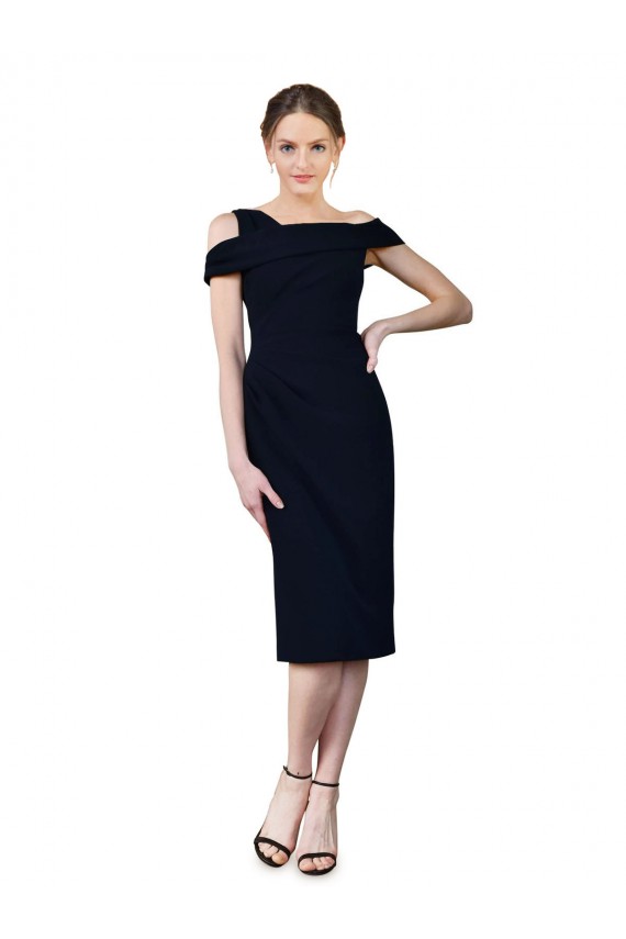 Dunkelmarine Meerjungfrau Off-Schulter Wadenlang Cocktail Strech-Krepp Kurze Formale Brautjungfernkleider / Abendkleider / Abiballkleider / Cocktailkleider / Heimkehr Kleider Online