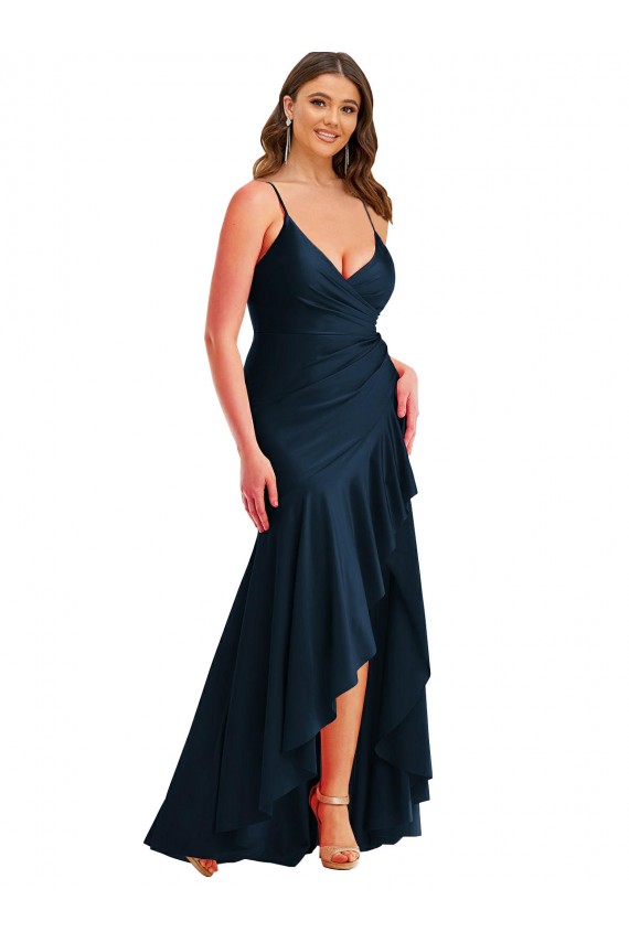 Dunkelmarine Meerjungfrau Spaghetti-Träger Seidiger Satin Lange Formale Brautjungfernkleider / Abendkleider / Abiballkleider Online