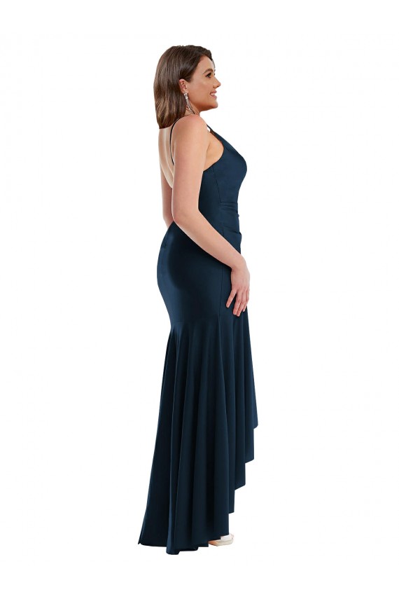 Dunkelmarine Meerjungfrau Spaghetti-Träger Seidiger Satin Lange Formale Brautjungfernkleider / Abendkleider / Abiballkleider Online