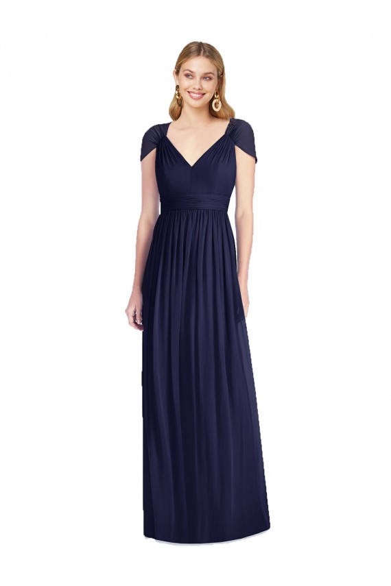 Dunkelmarine Trompete V-Ausschnitt Chiffon Lange Brautjungfernkleider Online