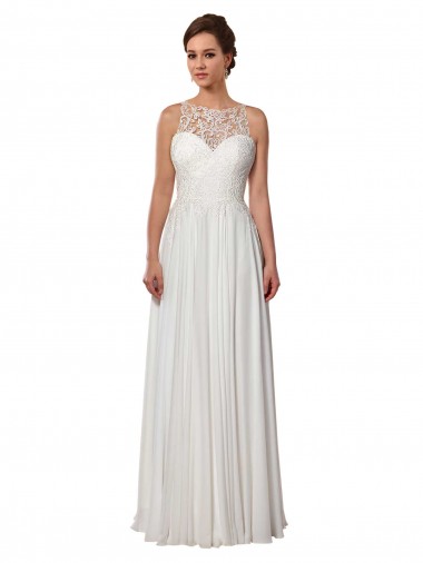 Elfenbein A-Linien Illusion Ausschnitt Sweep Zug Chiffon Boho Brautkleider Online